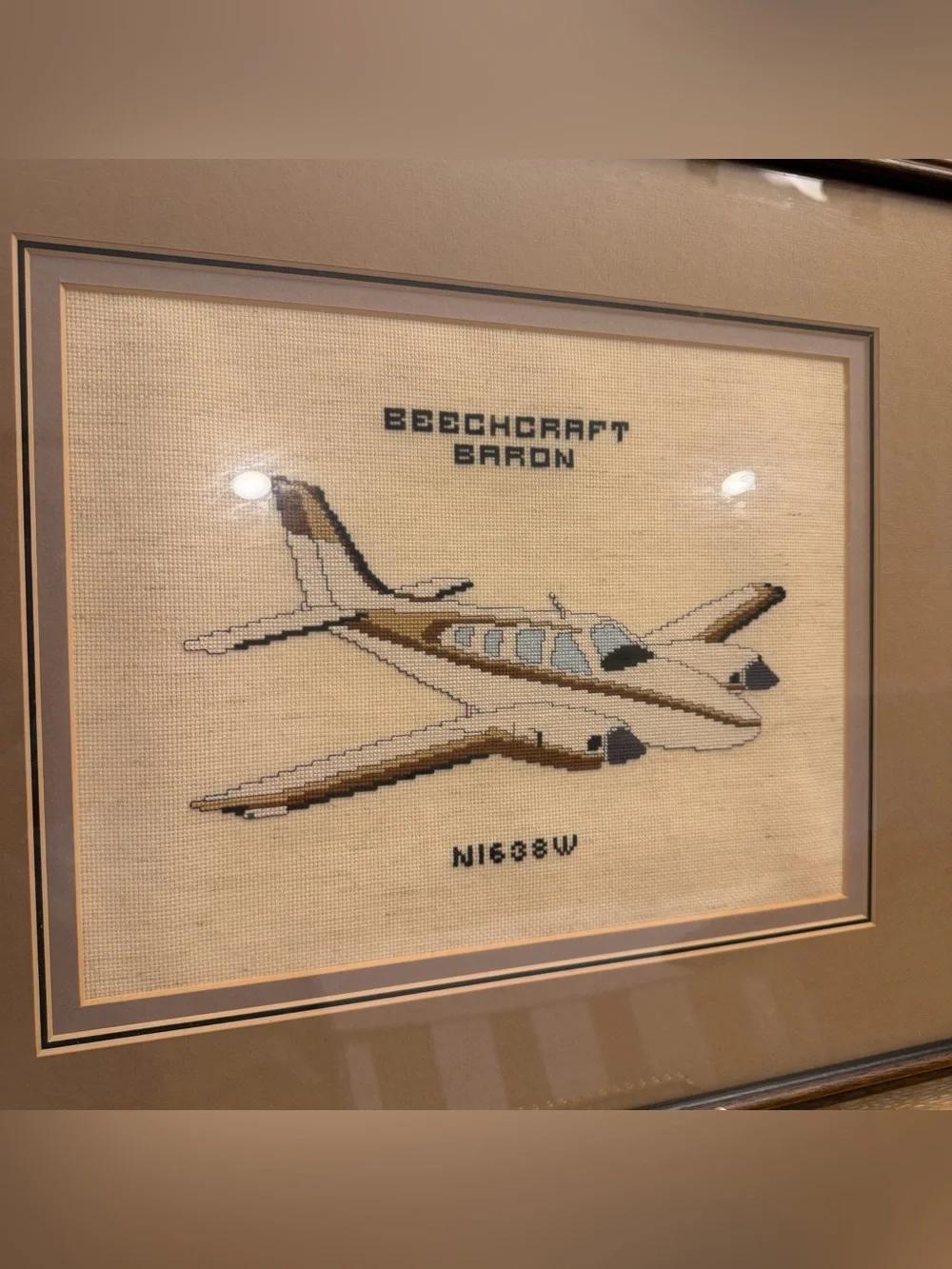 Vintage Framed Embroidered Beechcraft Baron Airplane